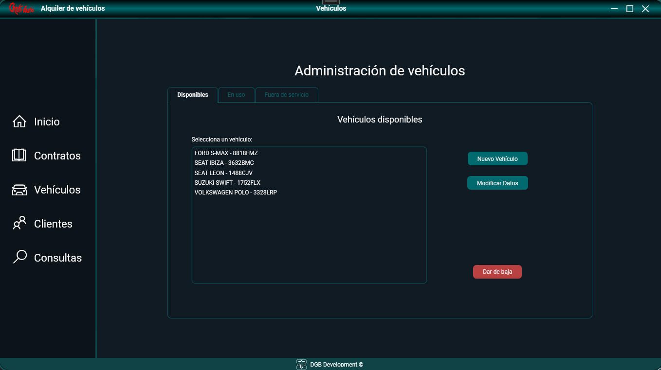 Captura de la aplicación de gestión de flota de vehículos de sustitución